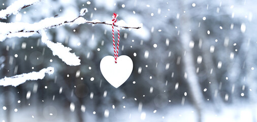 White heart on tree branch in snowy winter. Love concept. Valentine's Day. Greeting card