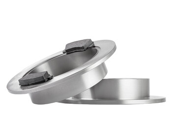 set of rear brake discs made of steel with brake pads, spare parts isolated on white background.