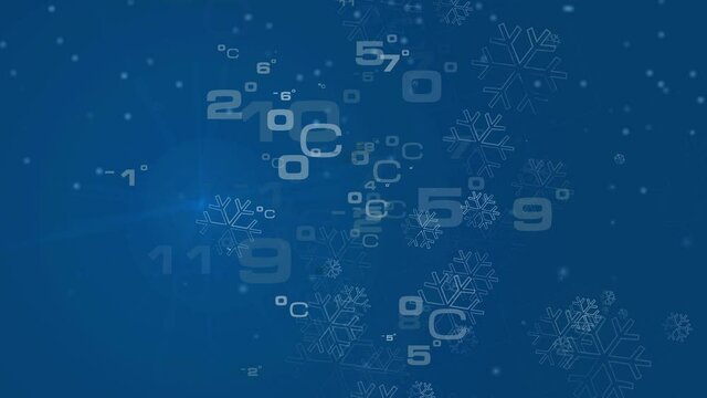 2d animation jingle for weather forecast and cold temperatures with spray of numbers and snowflakes 