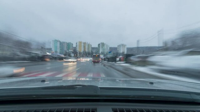 City under snow. Road with snow. Timelapse
