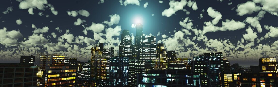 Night city, evening skyscrapers, city in the evening under the moon, high-rise buildings at night, 3D rendering