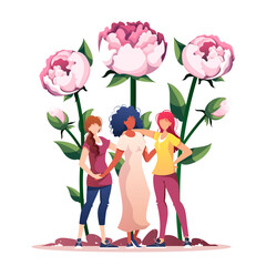 Women with huge peonies.  International Women's Day, 8 March, Feminism, friendship, womanhood concept. Isolated vector illustration for card, banner, poster, postcard.