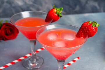 Cockteil of strawberry for romantinc scene close up