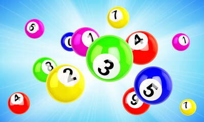 Lotto balls 3d vector bingo, lottery or keno gambling games colourful scatter flying spheres with lucky winning combination numbers. Gaming raffle, jackpot, chance drawing realistic illustration