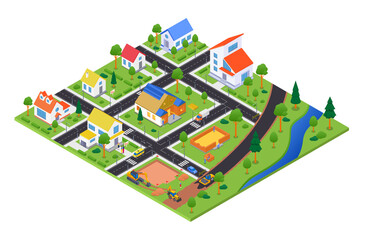 Housing complex under construction - vector colorful isometric illustration