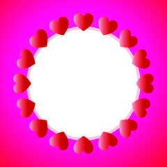 Painted red circle with hearts on a white background. Postcard for the holiday (Mother's Day, Easter, birthday, congratulations, Valentine's Day). Place for writing (letters).