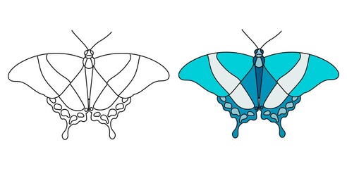 Fototapeta na wymiar Vector simple sketch of a butterfly and a butterfly in blue color. Colorless isolated butterfly with an outline for coloring.
