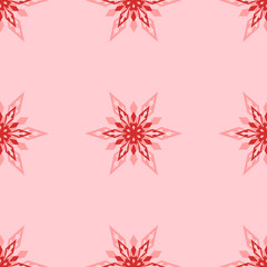 Seamless pattern of large isolated red snowflakes. The elements are evenly spaced. Vector illustration on light red background