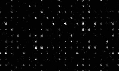 Seamless background pattern of evenly spaced white roasted turkeys of different sizes and opacity. Vector illustration on black background with stars