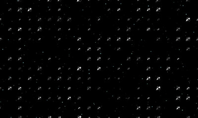 Seamless background pattern of evenly spaced white fireworks symbols of different sizes and opacity. Vector illustration on black background with stars