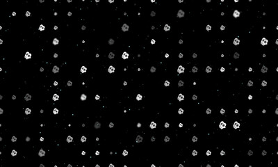 Seamless background pattern of evenly spaced white mittens symbols of different sizes and opacity. Vector illustration on black background with stars