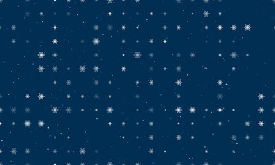 Seamless background pattern of evenly spaced white snowflakes of different sizes and opacity. Vector illustration on dark blue background with stars