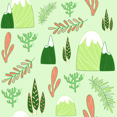 seamless pattern with green and orange tropical leaves, cactuses, rocks, mountains on light green background