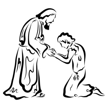 returned prodigal son kneeling asks forgiveness from loving father