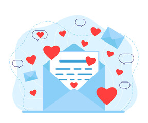 Letter in an envelope with love message. Reading love letter. Message from lover with red hearts. Email, social network, valentine s day chat. Vector illustration
