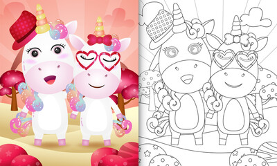 coloring book for kids with a cute unicorn couple themed valentine day