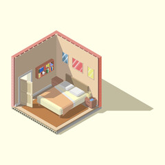 Vector isometric low poly bedroom cutaway icon.