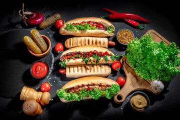 Grilled french hot dog and hot dogs with different toppings on dark background. Fast food concept