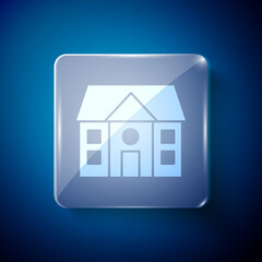 White House icon isolated on blue background. Home symbol. Square glass panels. Vector Illustration.