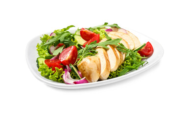 Fototapeta na wymiar Delicious salad with meat, arugula and vegetables isolated on white