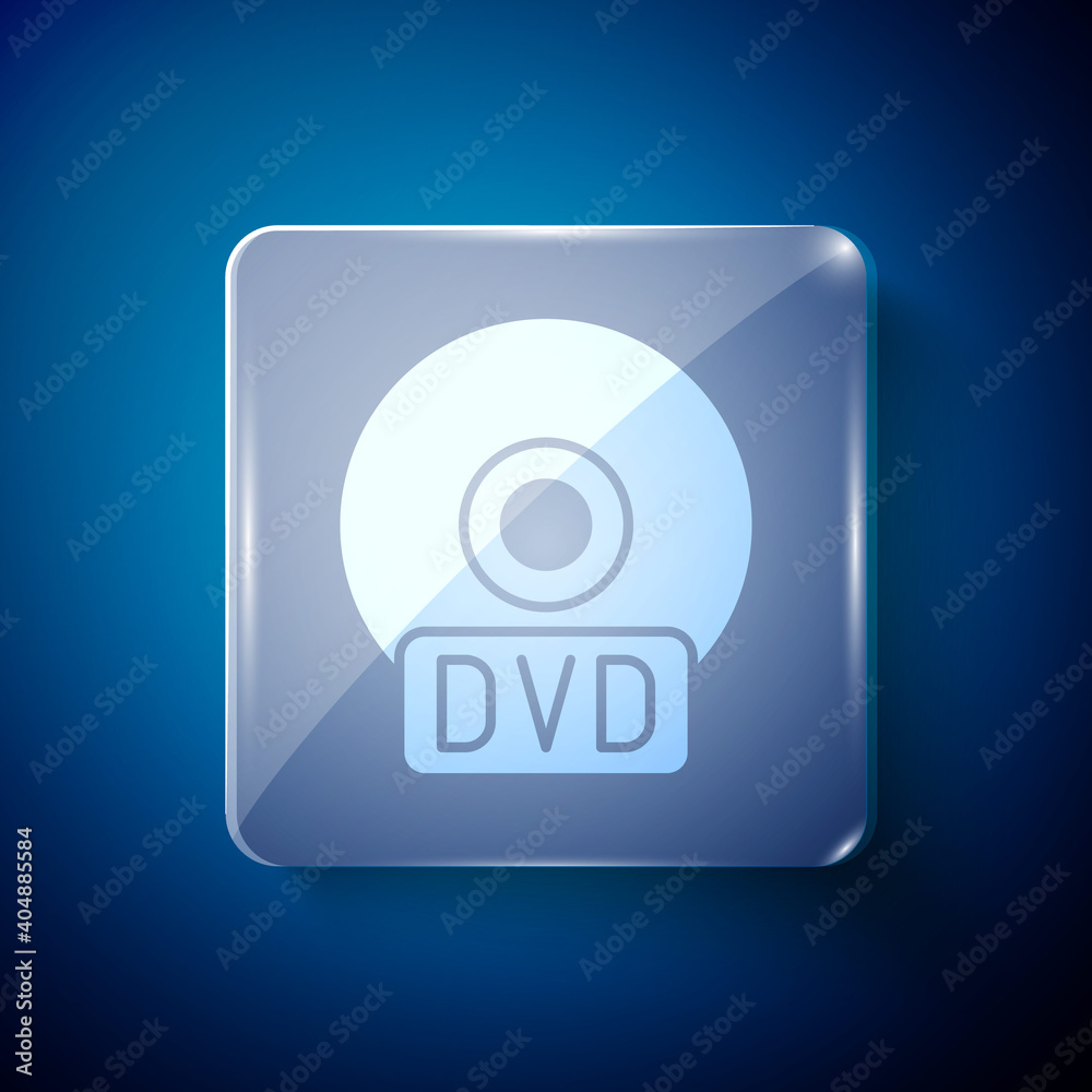 Sticker white cd or dvd disk icon isolated on blue background. compact disc sign. square glass panels. vecto