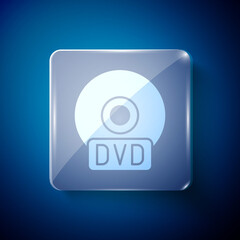 White CD or DVD disk icon isolated on blue background. Compact disc sign. Square glass panels. Vector Illustration.