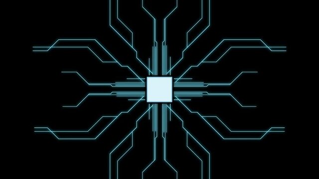 Digital button on a touchscreen. Futuristic microprocessor is starting the operation of the computer program. Machine learning and artificial intelligence concept.