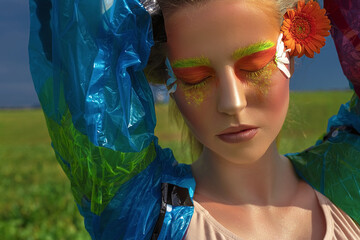 Creative fashionable beauty portrait of a beautiful young woman with long hair