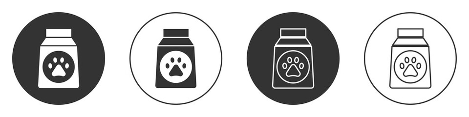 Black Bag of food for dog icon isolated on white background. Dog or cat paw print. Food for animals. Pet food package. Circle button. Vector.