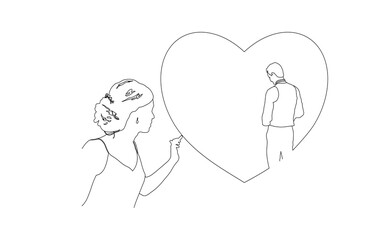 illustration of a women with heart in hand and lovely boy  (line art drawing for for st valentin's and bridal  cards, posters and message) 