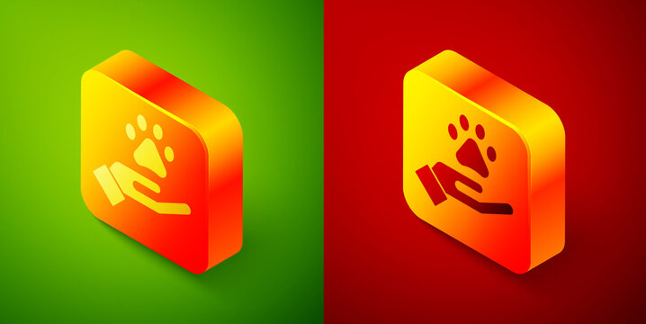 Isometric Hands with animals footprint icon isolated on green and red background. Pet paw in heart. Love to the animals. Square button. Vector.