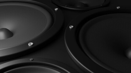 Animation of studio subwoofer speakers playing loud sound.