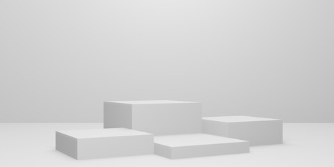 3d white square podium or pedestal with empty studio room, minimal product background, template mock up for display, geometric of square shape