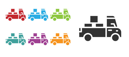 Black Delivery truck with cardboard boxes behind icon isolated on white background. Set icons colorful. Vector.