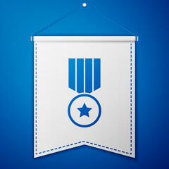 Blue Medal with star icon isolated on blue background. Winner achievement sign. Award medal. White pennant template. Vector.