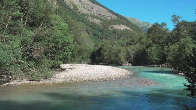 Mountain river, clear milk water with the period of summer low water. Floodplain deciduous forest (dominated alder, Alnus barbata) on the slope pine forest (Pinus hamata). North Caucasus
