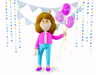 Girl Susie celebrates her birthday and holds balloons in her hand. 3d rendering. 3d illustration. 3d character