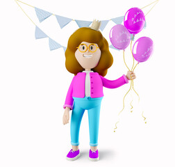 Girl Susie celebrates her birthday and holds balloons in her hand. 3d rendering. 3d illustration. 3d character