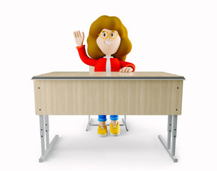 Girl Susie sits at a school desk and raises her hand . 3d rendering. 3d illustration. 3d character