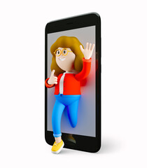 Girl Susie go out of the bib phone. Social media. 3d rendering. 3d illustration. 3d character - 404888324