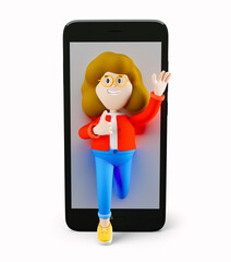 Girl Susie go out of the bib phone. Social media. 3d rendering. 3d illustration. 3d character