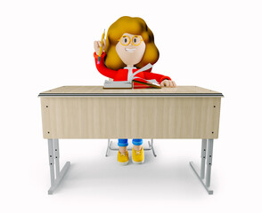 Girl Susie sits at a school desk and raises her hand . 3d rendering. 3d illustration. 3d character