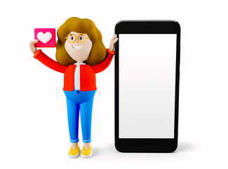 Girl Susie sits next to a large phone screen. Social media. 3d rendering. 3d illustration. 3d character