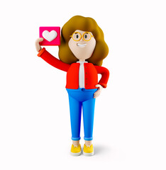 Girl Susie with heart emoji. Social media. 3d rendering. 3d illustration. 3d character