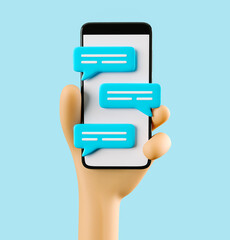 Phone in hand. Blue message on phone screen. Social media. Mockup. 3d rendering. 3d illustration. 3d hand - 404889511