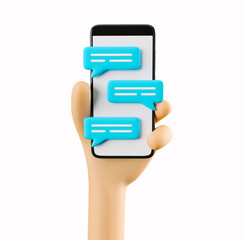 Phone in hand. Blue message on phone screen. Social media. Mockup. 3d rendering. 3d illustration. 3d hand - 404889570