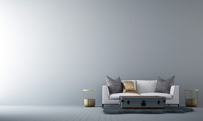 Mock up poster on white wall living room with a cozy sofa, grey background, 3d render, 3d illustration