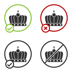 Black King crown icon isolated on white background. Circle button. Vector.