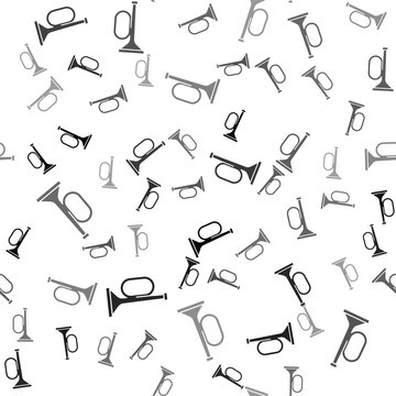 Black Trumpet icon isolated seamless pattern on white background. Musical instrument trumpet. Vector.