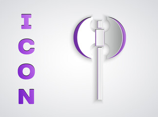 Paper cut Medieval axe icon isolated on grey background. Battle axe, executioner axe. Medieval weapon. Paper art style. Vector.